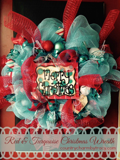 Red & Turquoise Christmas Deco Mesh Wreath