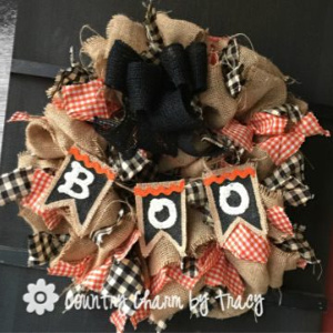 “BOO” Gingham Burlap Country Wreath Happy Halloween!