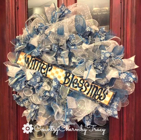 Winter Blessings Deco Mesh Wreath with Hand Painted Sign